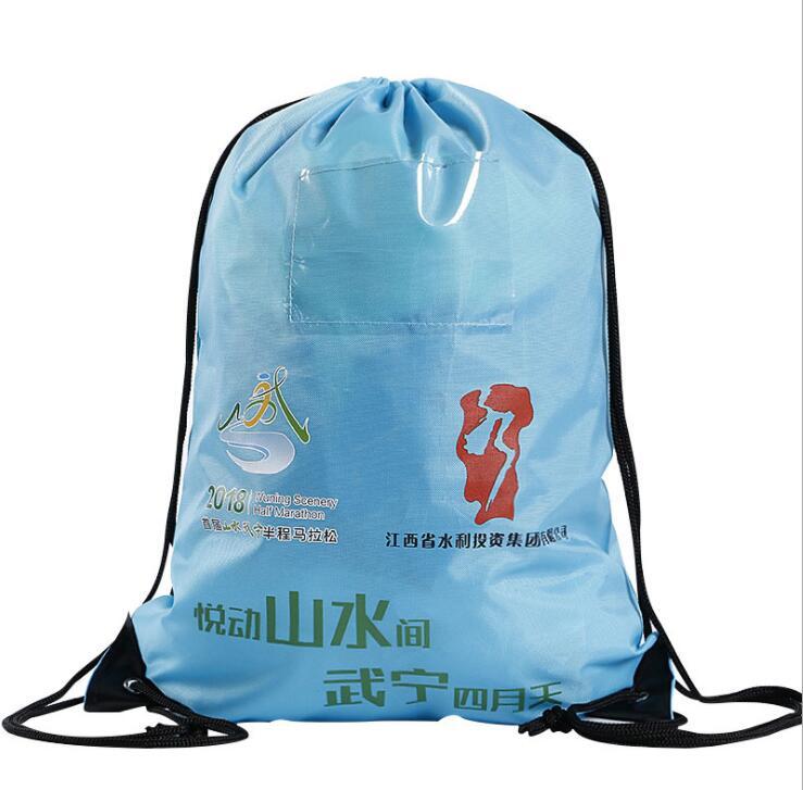 Customized Logo Printed Nylon Drawstring Backpack Bags with PVC card holder