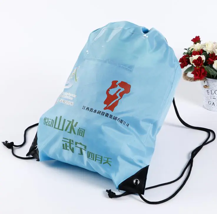 Customized Logo Printed Nylon Drawstring Backpack Bags with PVC card holder
