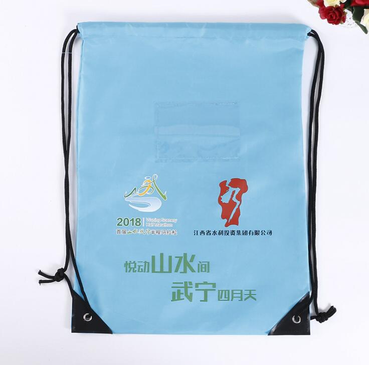 Customized Logo Printed Nylon Drawstring Backpack Bags with PVC card holder