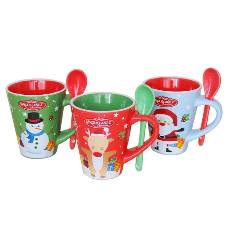 Promotional Customized Decal Ceramic Stoneware Christmas Mug With Spoon